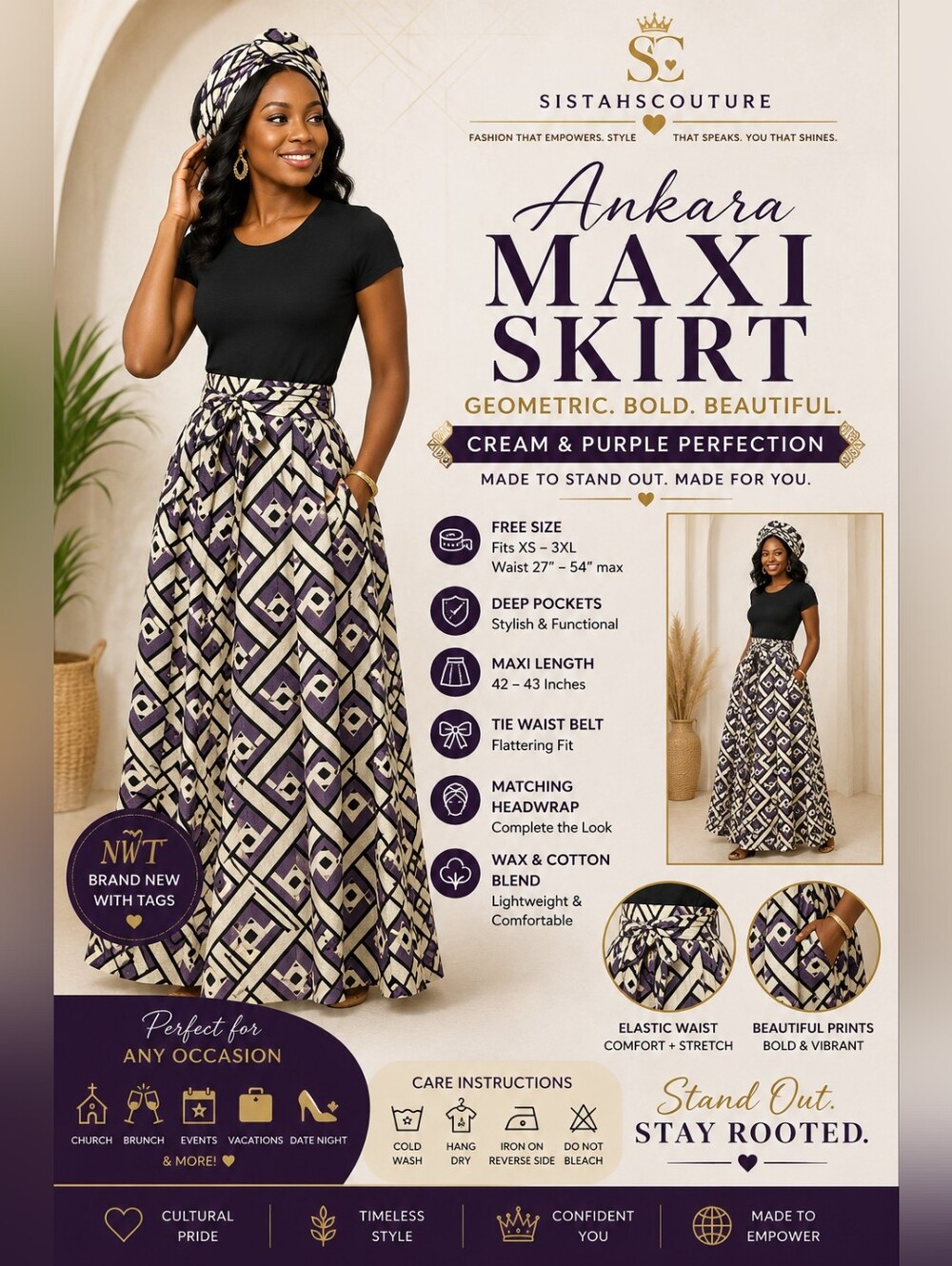 🎉Host Pick 🎉Ankara Geometric African Print Maxi Skirt | Cream & Purple